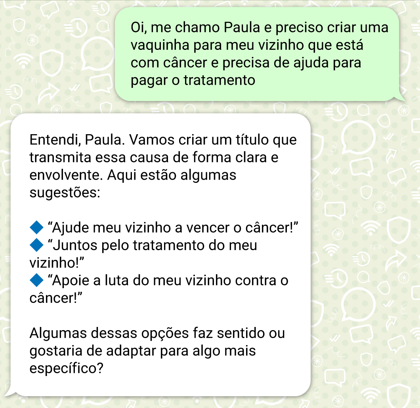 Simulação da criação de vaquinha por whatsapp