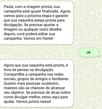 Simulação da criação de vaquinha por whatsapp